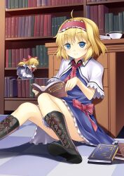  ahoge alice_margatroid apron bad_id bad_pixiv_id blonde_hair blue_eyes blue_skirt book book_focus bookshelf boots bow capelet checkered_floor cross-laced_footwear cup desk doll female hairband hairbow highres lace-up_boots long_hair rasahan reading sash shanghai_doll short_hair sitting skirt smile solo teacup tile_floor tiles touhou 