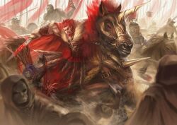  1boy armor assassin_(fate/zero) barding battle blood bucephalus_(fate) commentary fate/zero fate_(series) female_assassin_(fate/zero) horse horseback_riding ionioi_hetairoi_(fate) iskandar_(fate) male_focus manly photoshop_(medium) red_hair riding saber_01 sword weapon 