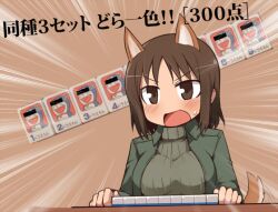  animal_ears bad_id bar_censor blush brown_eyes brown_hair censored cropped_jacket crossover dog_ears dog_girl dog_tail donjara doraemon doraemon_(character) female green_shirt jacket kadomaru_misa mahjong mahjong_tile military military_uniform null_(nyanpyoun) open_mouth shirt short_hair strike_witches:_katayoku_no_majo-tachi sweater tail translation_request turtleneck uniform world_witches_series 