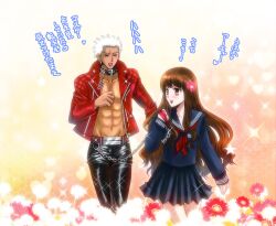  1boy archer_(cool_and_wild)_(fate) archer_(fate) bad_id bad_pixiv_id brown_eyes brown_hair collar dark-skinned_male dark_skin fate/extra fate/extra_ccc fate_(series) female flower height_difference jacket kishinami_hakuno_(female) leather leather_pants official_alternate_costume pants red_jacket running school_uniform serafuku setta_(tokinon) translated tsukumihara_academy_uniform_(fate/extra_ccc) white_hair 