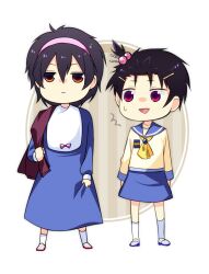  2boys bad_id bad_pixiv_id black_hair brown_eyes corpse_party cosplay crossdressing hair_bobbles hair_ornament hairclip headband kizami_yuuya kurosaki_kensuke mochida_yuka mochida_yuka_(cosplay) multiple_boys photoshop_(medium) red_eyes school_uniform serafuku suzumoto_mayu suzumoto_mayu_(cosplay) yukishiro_(s_kiss) 