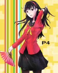  amagi_yukiko black_hair black_pantyhose commentary_request female folding_fan hairband hand_fan hand_in_own_hair highres houndstooth long_hair mille_(dieci) pantyhose persona persona_4 photoshop_(medium) pleated_skirt red_eyes school_uniform skirt solo 