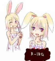  :p animal_ears blonde_hair blood bunny_ears dreamrabbit dress flat_chest holding knife lolicon looking_at_viewer lowres short_hair simple_background stain tongue tongue_out wink yuyuzuki_(yume_usagi) 