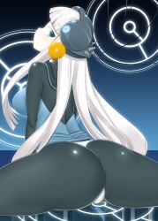  aqua_eyes ass bodysuit borrowed_character breasts cable commentary_request electro_emilia female highres large_breasts long_hair looking_back neon_trim original panties panties_over_pantyhose pantyhose photoshop_(medium) smile solo toudori underwear white_hair white_panties 