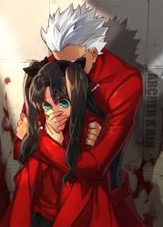  archer bad_id bad_pixiv_id blue_eyes brown_hair comforting covering_mouth dark_skin empew fate/stay_night fate_(series) female height_difference hug hug_from_behind long_hair tears tohsaka_rin two_side_up white_hair 