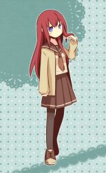  alternate_costume bad_id bad_pixiv_id blush brown_hair cardigan female long_hair makise_kurisu nako_(serineko) pantyhose purple_eyes school_uniform serafuku skirt solo steins;gate 