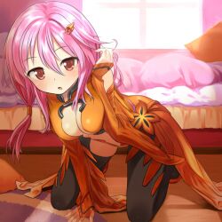  all_fours bed black_thighhighs blush bodysuit breasts buntan cleavage commentary_request detached_sleeves female guilty_crown hair_ornament hairpin hand_in_own_hair long_hair medium_breasts midriff open_mouth pillow pink_hair red_eyes skirt solo thighhighs window yuzuriha_inori 