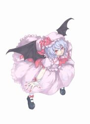  ascot bat_wings blouse commentary_request female fingernails frills from_above full_body hat hat_ribbon light_purple_hair long_fingernails mary_janes mumulatte nail_polish photoshop_(medium) red_eyes remilia_scarlet ribbon sharp_fingernails shirt shoes short_hair simple_background skirt skirt_set solo touhou white_background white_legwear wings wrist_cuffs 