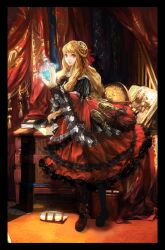  blonde_hair book border commentary_request curtains dress female flask highres jewelry long_hair looking_at_viewer md5_mismatch original patterned photoshop_(medium) potion red_eyes resolution_mismatch smile solo source_smaller table watanabe_minoru 