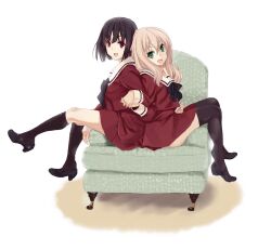  2girls armchair black_hair black_legwear blonde_hair chair commentary_request green_eyes highres holding_hands interlocked_fingers kawamura_reo kirisato_itsuki kneehighs long_hair mary_janes multiple_girls red_eyes ribbon sawaguchi_mai school_uniform shoe_dangle shoes short_hair simple_background sitting skirt smile socks sono_hanabira_ni_kuchizuke_wo st._michael&#039;s_school_uniform thighhighs white_background yuri zettai_ryouiki 