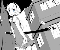  bad_id bad_pixiv_id blue_eyes building female greyscale hair_ribbon hairband konpaku_youmu leaf looking_back monochrome open_mouth ribbon rimukoro short_hair short_sleeves skirt solo spot_color standing sword touhou tree vest weapon 