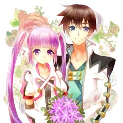  1boy asbel_lhant bad_id bad_pixiv_id blue_eyes brown_hair collarbone cropped_jacket detached_sleeves female flower green_shirt heterochromia jacket official_alternate_costume photoshop_(medium) purple_eyes purple_hair rose shirt sophie_(tales) sophie_(toast_of_the_town)_(tales) tales_of_(series) tales_of_graces three_plates twintails 