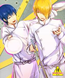  2boys blonde_hair blue_eyes blue_hair chef cigarette commentary_request hair_over_one_eye highres ladle male_focus multiple_boys one_eye_closed photoshop_(medium) plate satou_jun souma_hiroomi working!! yellow_eyes zxs1103 