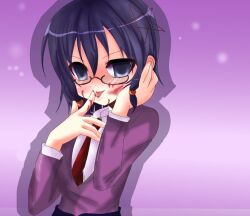  blood commentary_request corpse_party female glasses hair_ornament necktie pentagram pentagram_hair_ornament purple_eyes purple_hair saenoki_naho school_uniform solo star_(symbol) star_hair_ornament tounyo yandere yandere_no_onna_no_ko_ni_shinu_hodo_aisarete_nemurenai_cd 