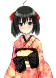  96tuki ahoge bad_id bad_pixiv_id black_hair blue_eyes blush bob_cut female floral_print furisode japanese_clothes kimono looking_at_viewer obi original sash short_hair simple_background smile solo upper_body white_background 