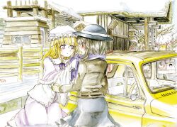  3girls alternate_costume belt bird blonde_hair blush brown_eyes brown_hair building can capelet car coat commentary_request dress fiat fiat_500 frilled_dress frills gintama gloves hat hidamari_sketch jacket justaway lace lamp light_bulb long_hair maribel_hearn master_(4th) motor_vehicle multiple_girls open_mouth penguin postbox_(outgoing_mail) purple_eyes railing real_world_location ribbon sayonara_zetsubou_sensei scarf short_hair skirt smile snow touhou tree umbrella ume-sensei usami_renko white_dress window winter yakumo_yukari 