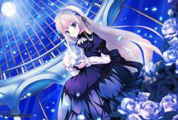  arcade_(architecture) arch artist_name bad_id bad_pixiv_id black_dress blonde_hair blue_flower blue_rose blue_theme blurry bug butterfly dated depth_of_field dress falling_petals female flower frilled_hairband frills full_moon glass glowing glowing_petals green_eyes hairband holding_orb indoors kaho_okashii layered_sleeves lolita_fashion long_hair long_sleeves looking_at_viewer moon moonlight night orb original petals photoshop_(medium) rose short_over_long_sleeves short_sleeves sitting solo very_long_hair window 