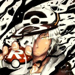  1boy cameron_johnson dark-skinned_male dark_skin dated hat holding holding_poke_ball looking_at_viewer male_focus original poke_ball poke_ball_(basic) poke_ball_print pokemon signature single_letter smile solo white_hair yellow_eyes 