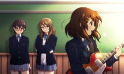  3girls brown_eyes brown_hair chalkboard commentary_request crossed_arms extra glasses guitar hirasawa_yui instrument k-on! k-on!_movie long_hair manabe_nodoka multiple_girls red-framed_eyewear sakuragaoka_high_school_uniform school_uniform semi-rimless_eyewear shian_(my_lonly_life.) short_hair tachibana_himeko under-rim_eyewear 