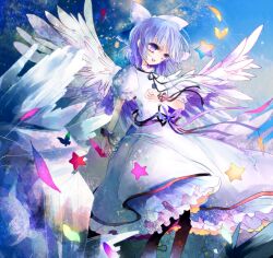  angel_wings bad_id bad_pixiv_id blue_hair bow bug butterfly dress female hairbow kazu_(muchuukai) mai_(touhou) purple_eyes ribbon sash short_hair solo star_(symbol) touhou touhou_(pc-98) white_dress wings wrist_ribbon 