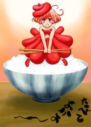  ahoge bowl chopsticks commentary_request female food food-themed_clothes hairu_(690n) hat karashi_mentaiko original personification pink_eyes pink_hair rice roe solo 