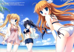  3girls :d absurdres ass beach bikini bikini_shorts bikini_top_only black_hair blonde_hair blue_bikini blue_eyes breasts brown_hair cameltoe cleavage cloud covered_nipples day dress eyebrows eyepatch food hair_ornament hair_ribbon hand_on_lap high_ponytail highres ice_cream jacket konohana_lucia long_hair looking_at_viewer medium_breasts multiple_girls nakatsu_shizuru navel ocean ootori_chihaya open_clothes open_jacket open_mouth orange_hair outdoors palm_tree panties rewrite ribbon shorts side-tie_bikini_bottom sky smile striped_clothes striped_dress swimsuit tree trefoil twintails underwear white_bikini white_jacket white_panties white_ribbon wing_hair_ornament yukie_(peach_candy) 