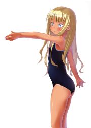  blonde_hair blue_eyes commentary_request evangeline_a.k._mcdowell female flat_chest highres long_hair mahou_sensei_negima! nail_polish one-piece_swimsuit school_swimsuit shirota_mizuki solo swimsuit tan tanlines 