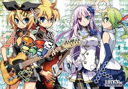  1boy 3girls bass_guitar blonde_hair blue_eyes commentary_request cosplay elbow_gloves fingerless_gloves flower gloves green_eyes green_hair guitar hair_flower hair_ornament hair_ribbon hairclip hatsune_miku heterochromia instrument kagamine_len kagamine_rin long_hair megurine_luka multiple_girls nagisa_(psp2i) nagisa_(psp2i)_(cosplay) negi_(ulog&#039;be) pantyhose phantasy_star phantasy_star_portable_2 phantasy_star_portable_2_infinity pink_eyes pink_hair project_diva_(series) project_diva_extend puzzle_(vocaloid) ribbon short_hair skirt smile twintails vocaloid 