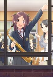  6+girls :d arm_up blazer brick_wall commentary_request from_outside glasses instrument jacket looking_at_viewer looking_outside multiple_girls oerba_yun_fang open_mouth original pointer sakusaku saxophone school_uniform sheet_music short_twintails smile teacher trumpet twintails two_side_up window 