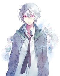  1boy akise_aru commentary_request hood hoodie horiizumi_inko jacket male_focus mirai_nikki necktie pink_eyes shirt simple_background smile solo standing white_hair white_shirt 