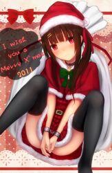  2011 96tuki bad_id bad_pixiv_id black_thighhighs blush brown_hair capelet collar cuffs female hair_ornament hair_ribbon hairclip hat long_hair looking_at_viewer merry_christmas original red_eyes ribbon sack santa_costume santa_hat shackles side_ponytail sitting solo thighhighs v_arms 