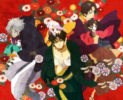  3boys 3girls bad_id bad_pixiv_id black_hair blonde_hair blue_eyes emiya_kiritsugu facial_hair family fate/zero fate_(series) father_and_daughter flower goatee hug hug_from_behind illyasviel_von_einzbern japanese_clothes kimono kuroihato matou_kariya matou_sakura multiple_boys multiple_girls on_head person_on_head purple_eyes purple_hair red_eyes tohsaka_rin tohsaka_tokiomi twintails white_hair 