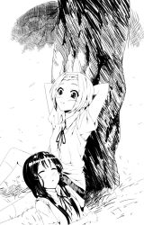  2girls akiyama_mio commentary_request girock grass greyscale k-on! long_hair lying monochrome multiple_girls sakuragaoka_high_school_uniform school_uniform sleeping smile tainaka_ritsu tree under_tree uniform 