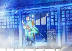  1boy architecture bad_id bad_pixiv_id bandana blonde_hair blue_eyes blue_theme box building east_asian_architecture highres house japanese_clothes kimono kusuriuri_(mononoke) male_focus medicine_box mononoke obi pointy_ears porch rooftop sash solo wind_chime yuna_(rutera) 