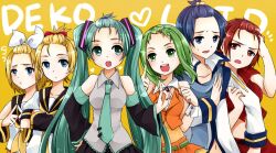  2boys 4girls aqua_eyes aqua_hair bad_id bad_pixiv_id blonde_hair blue_eyes blue_hair bow brown_eyes brown_hair detached_sleeves forehead green_eyes green_hair gumi hair_ornament hair_ribbon hair_up hairbow hairclip hatsune_miku hazuki_natsu kagamine_len kagamine_rin kaito_(vocaloid) long_hair meiko_(vocaloid) multiple_boys multiple_girls necktie open_mouth ribbon short_hair skirt smile topknot twintails very_long_hair vocaloid 