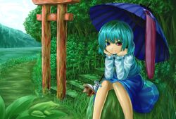  bad_id bad_pixiv_id blue_eyes blue_hair blue_skirt blue_vest closed_mouth day feet_out_of_frame female frilled_sleeves frills frog grass hands_on_own_face head_rest heterochromia karakasa_obake leaf long_sleeves long_tongue looking_at_viewer outdoors path plant purple_umbrella red_eyes road scenery shirt short_hair sitting skirt skirt_set smile solo stairs tatara_kogasa tongue torii touhou tree umbrella vest wasabichan white_shirt 