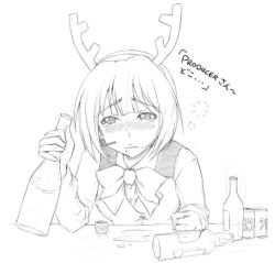  antlers banned_artist bottle bow bowtie can drunk greyscale idolmaster idolmaster_(classic) line_art mole mole_under_mouth monochrome nigiriushi otonashi_kotori reindeer_antlers short_hair solo tears 