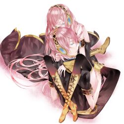  1boy bad_id bad_pixiv_id blue_eyes boots female genderswap_(ftm) headphones hug long_hair megurine_luka megurine_luki photoshop_(medium) pink_hair rule_63 skirt thighhighs vocaloid witchonly 