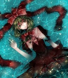  bad_deviantart_id bad_id bow dress female frills front_ponytail green_eyes green_hair hair_ribbon kagiyama_hina looking_at_viewer lying open_mouth orenji-kun red_dress ribbon solo touhou water 