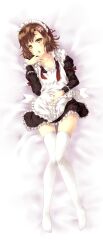  boku_wa_tomodachi_ga_sukunai brown_eyes brown_hair commentary_request cosplay dakimakura_(medium) female flower full_body hair_flower hair_ornament kouji_(campus_life) kusunoki_yukimura lying maid maid_headdress open_mouth photoshop_(medium) short_hair solo thighhighs 