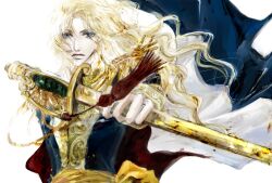  androgynous bad_id bad_pixiv_id blonde_hair cape commentary_request female long_hair milo1108 oscar_francois_de_jarjayes outstretched_arm reverse_trap solo sword versailles_no_bara weapon 