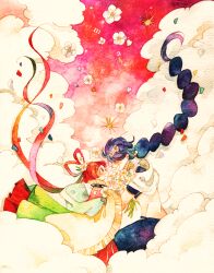  1boy braid cloud commentary_request eko_(ecology) female hair_rings judal long_hair magi_the_labyrinth_of_magic midriff painting_(medium) red_hair ren_kougyoku single_braid traditional_media watercolor_(medium) 