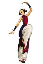  baggy_pants bell black_hair braid braided_hair_rings china_dress chinese_clothes dress fatal_fury female fighting_stance grin hair_bell hair_ornament hair_rings kung_fu li_xiangfei looking_to_the_side nona official_art pants photoshop_(medium) sash simple_background slippers smile solo standing standing_on_one_leg the_king_of_fighters the_king_of_fighters_2001 toned twin_braids vambraces white_background 