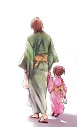  1boy bad_id bad_pixiv_id brown_hair female holding_hands japanese_clothes kaburagi_kaede kaburagi_t._kotetsu kimono mori-003 obi sandals sash shadow short_hair side_ponytail simple_background tiger_&amp;_bunny white_background 