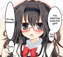  akemi_homura bespectacled black_hair blush glasses hard_translated long_hair mahou_shoujo_madoka_magica matsushita_yuu too_bad!_it_was_just_me! translated 