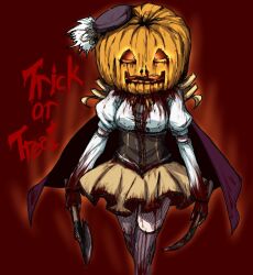  4shi blood commentary_request drill_hair english_text female halloween hat jack-o&#039;-lantern mahou_shoujo_madoka_magica mahou_shoujo_madoka_magica_(anime) mami_mogu_mogu pumpkin red_background skirt solo striped thighhighs tomoe_mami tomoe_mami_(magical_girl) trick_or_treat twin_drills twintails vertical_stripes weapon zettai_ryouiki 