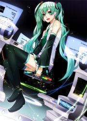  bad_id bad_pixiv_id boots detached_sleeves female green_eyes green_hair hatsune_miku long_hair necktie open_mouth rituiti sitting skirt solo thigh_boots thighhighs twintails very_long_hair vocaloid 