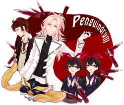  4boys animal_ears animal_hat apple bad_id bad_pixiv_id black_hair blazer brown_hair coat food fruit green_eyes hat jacket kyo_zip long_hair male_focus mawaru_penguindrum multiple_boys pink_eyes pink_hair rabbit_ears red_eyes scalpel school_uniform shirase_(mawaru_penguindrum) siblings souya_(mawaru_penguindrum) syringe takakura_kanba twins watase_sanetoshi 