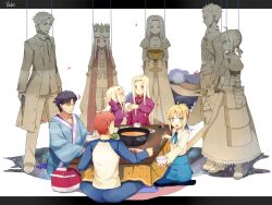  3boys 3girls archer_(fate) artoria_pendragon_(fate) black_hair blonde_hair blue_eyes bow brother_and_sister commentary_request crown cup dual_persona emiya_kiritsugu emiya_shirou evers family fate/stay_night fate/zero fate_(series) father_and_daughter father_and_son food good_end hotpot illyasviel_von_einzbern illyasviel_von_einzbern_(dress_of_heaven) irisviel_von_einzbern irisviel_von_einzbern_(angel&#039;s_song) japanese_clothes kanshou_&amp;_bakuya_(fate) kimono kotatsu marionette mother_and_daughter mother_and_son multiple_boys multiple_girls orange_hair pantyhose photoshop_(medium) puppet rice_cooker saber_(fate) siblings sitting string sword table thighhighs weapon white_hair 