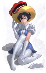  bad_id bad_pixiv_id black_hair blue_eyes breasts dress elbow_gloves female gloves hat kilart medium_breasts no_shoes pantyhose photoshop_(medium) princess_sapphire puff_and_slash_sleeves puffy_short_sleeves puffy_sleeves ribbon_no_kishi scan scan_artifacts shoes short_dress short_hair short_sleeves sitting solo unworn_shoes white_background white_gloves white_pantyhose 